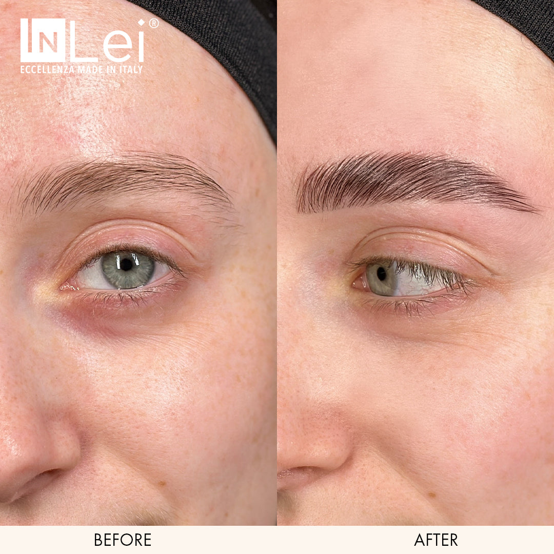 Before and after comparison of eyebrow treatment with InLei logo.