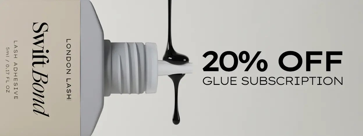 Lash glue subscription discount banner offering 20% off professional glue