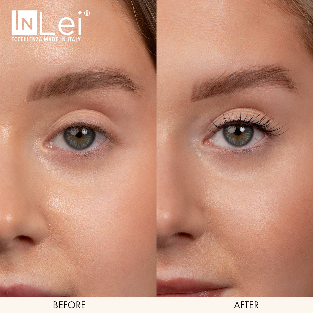 Before and after comparison of a woman's eye with InLei eyebrow product.