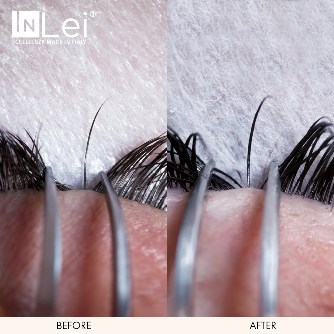 Eyelash extension process showing 'Before' and 'After' with IN Lei branding.