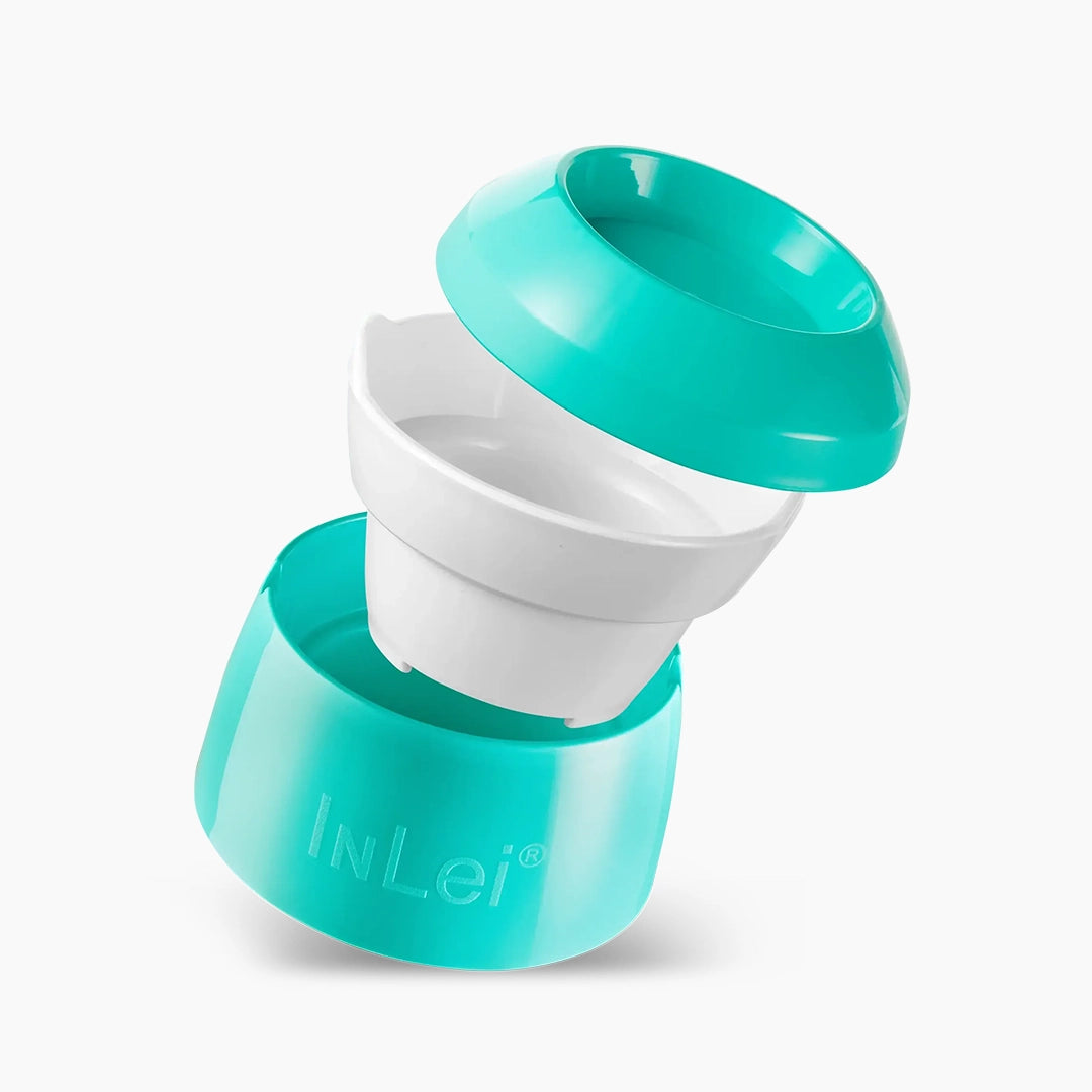 Turquoise and white container with 'InLei' branding on a white background