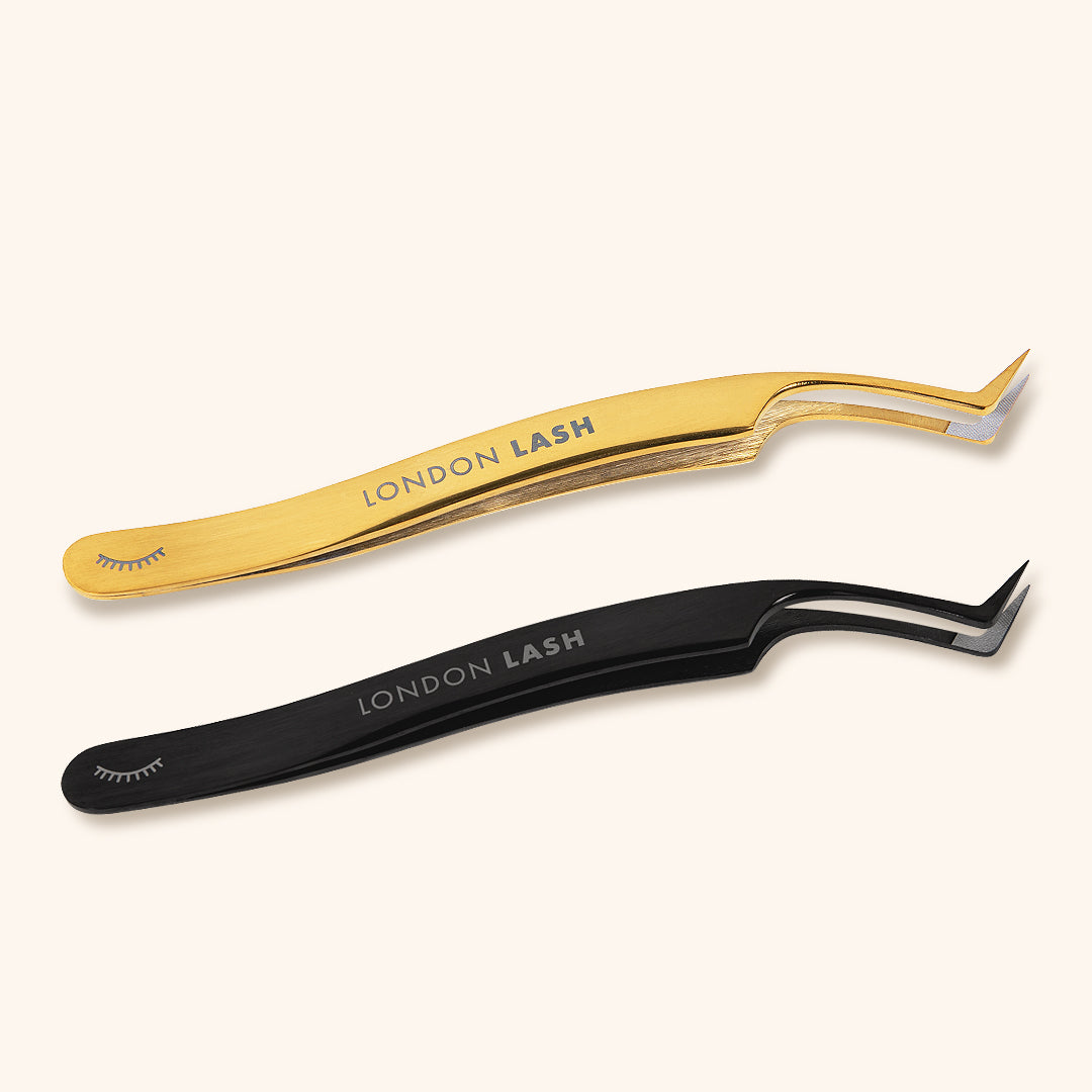 Fiber Wide Tip Mega Volume Tweezers in Gold and Black